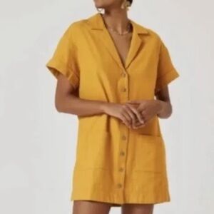 pilcro gold linen blend button front dress Yellow Button-Up Shirt Dress xxs